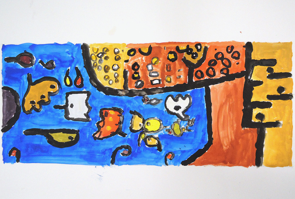 4年生「水彩模写」クレーの「青の上の果物」