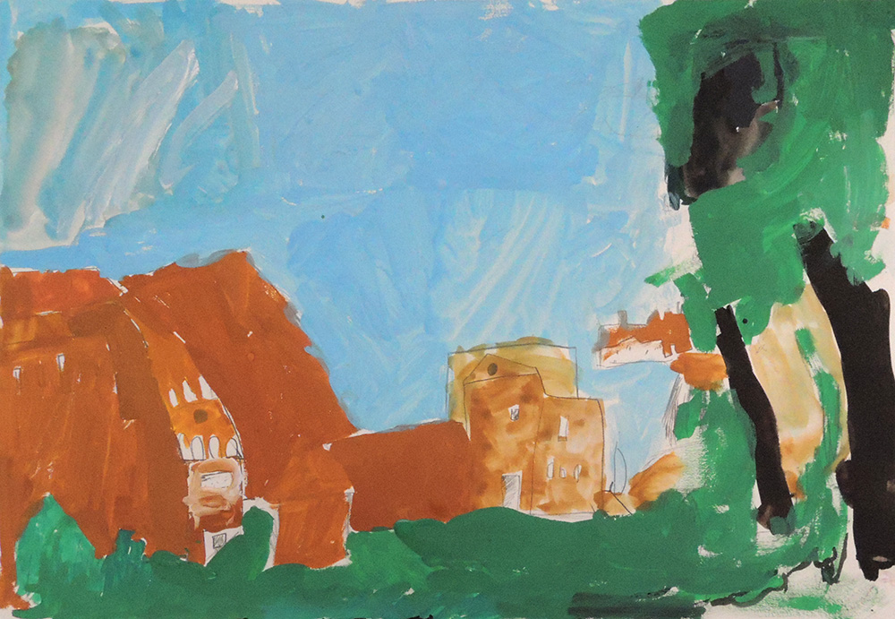 4年生「水彩模写」コローの「ファルネーゼの庭から見たコロッセウム」