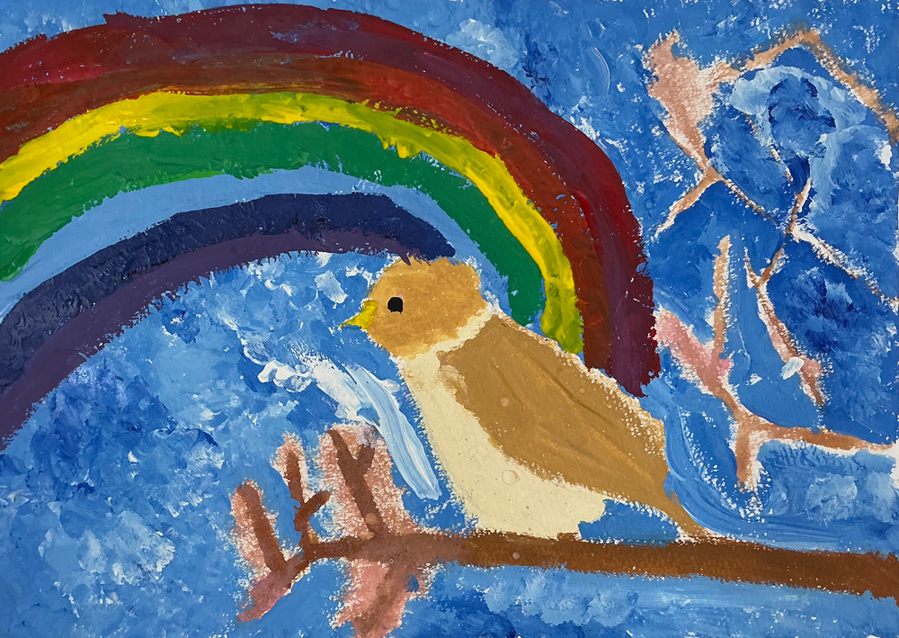高学年クラス「小鳥の水彩画」5年生の作品